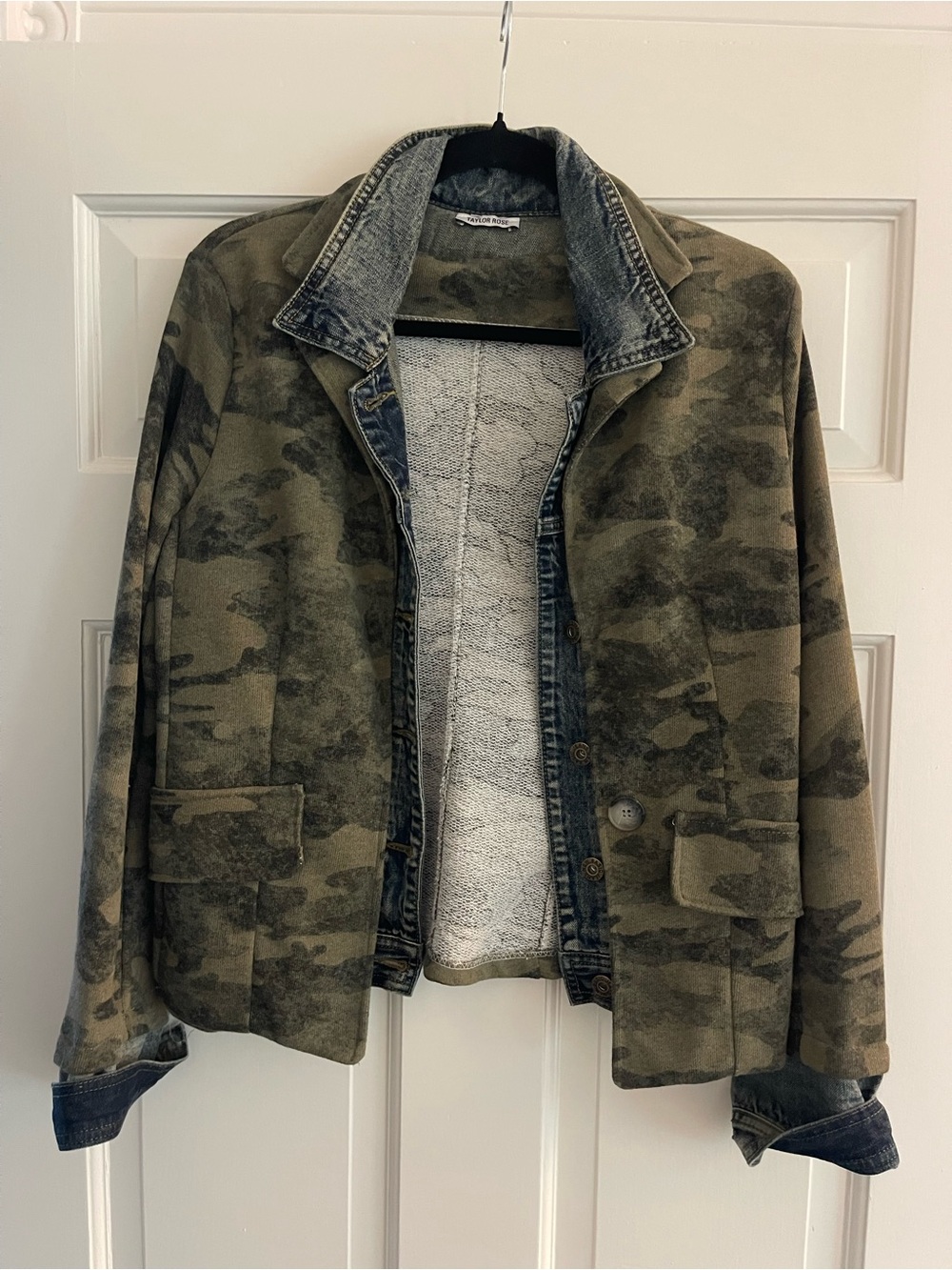 Olive Camo Utility Jacket with Denim Trim